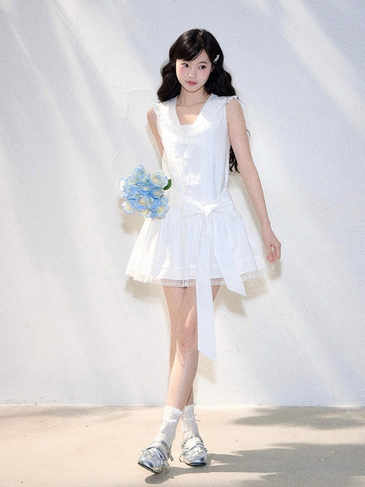 Kawaii White Sleeveless Ruffle Lace Dress - 11shop97