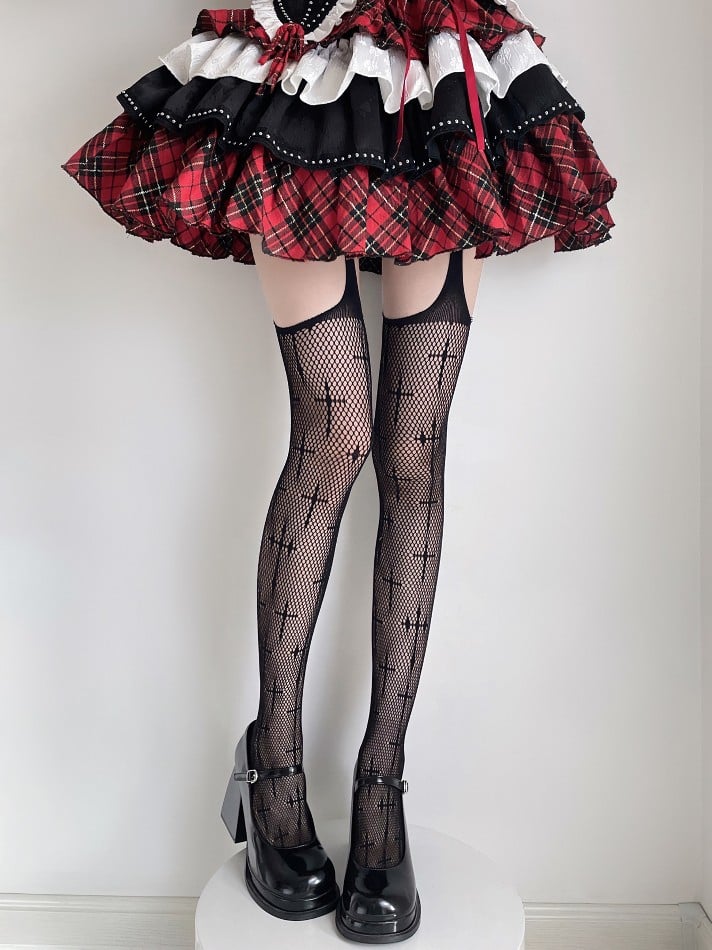 Cross Fishnet Black Tights Gothic Pattern Suspender