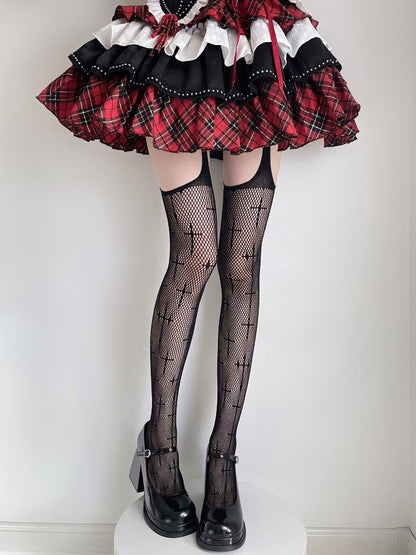 Cross Fishnet Black Tights Gothic Pattern Suspender