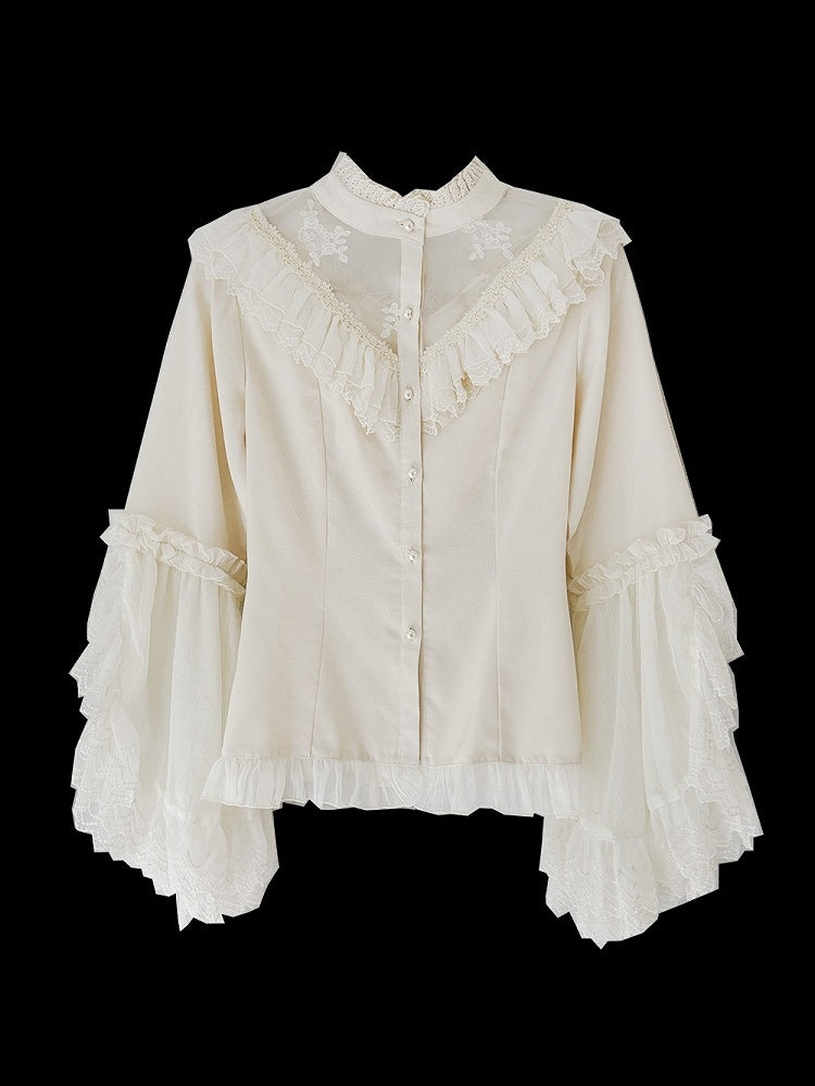 Refined Lolita Flounced Flare Sleeve Blouse with Pearl Buttons & Lace Trim - Miss Cube Dressworks