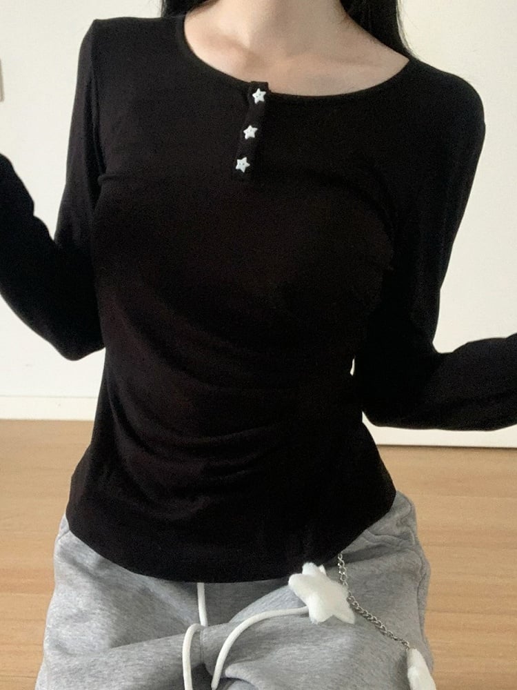 Button Sleeve Black/Gray Top Waist Long Ruched Partial Placket with Star