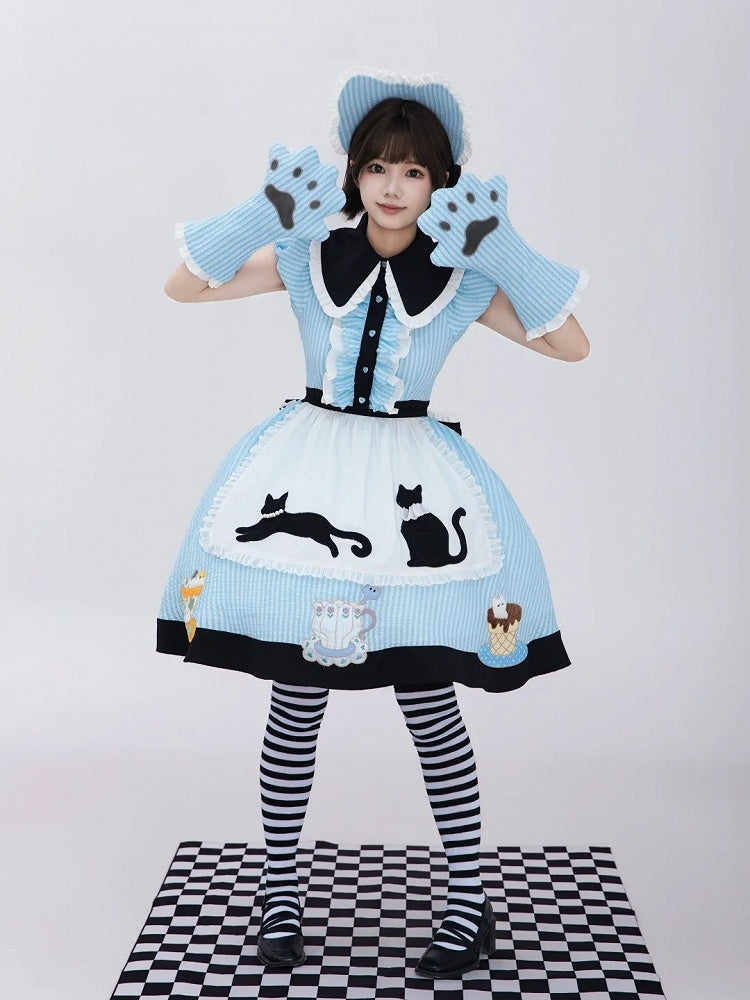 Kawaii Tea Cup Cat Theme Blue & Black Lolita Dress Set with Embroidery & Lace Trim - Rock Candy Box