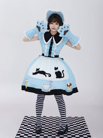 Kawaii Tea Cup Cat Theme Blue & Black Lolita Dress Set with Embroidery & Lace Trim - Rock Candy Box