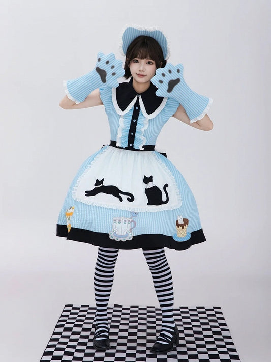 Kawaii Tea Cup Cat Theme Blue & Black Lolita Dress Set with Embroidery & Lace Trim - Rock Candy Box