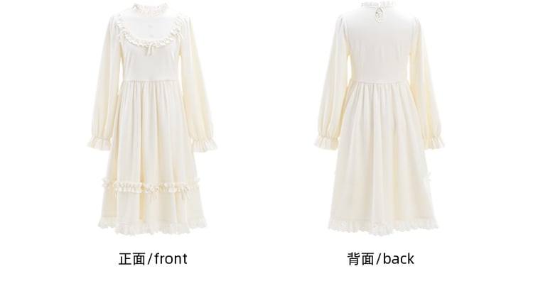 Weißes Kleid mit Schleifenakzenten, Rüschenausschnitt und langen Ärmeln