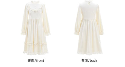 Weißes Kleid mit Schleifenakzenten, Rüschenausschnitt und langen Ärmeln