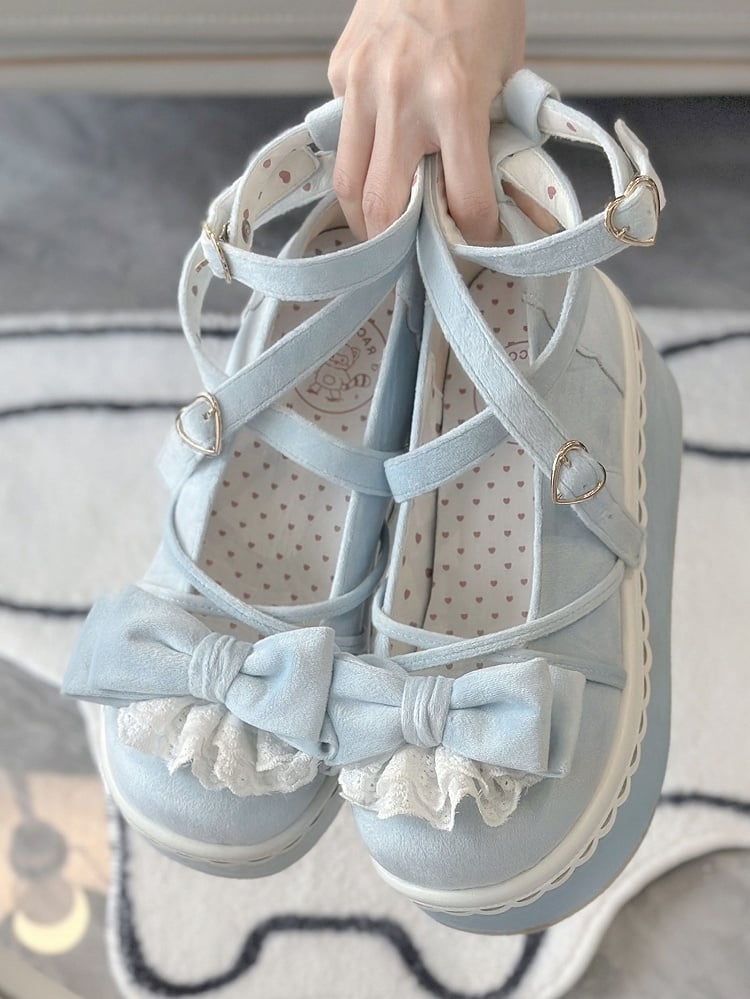 Mary Lace-Trimmed Velvet Bow Sweet Lolita Platform Blue Janes -