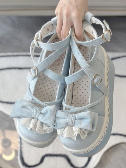 Mary Lace-Trimmed Velvet Bow Sweet Lolita Platform Blue Janes -