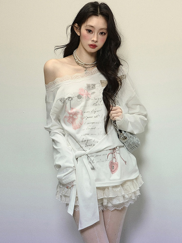 White Asymmetrical Neckline Printed Top with Tie Detail