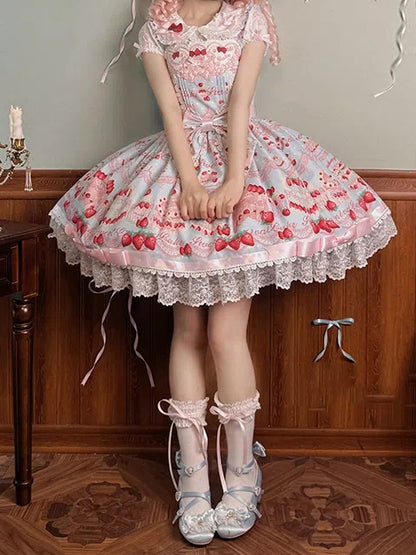 and Dress Print Sweet Jumper Strawberry Blue Skirt Cute Cake Lolita