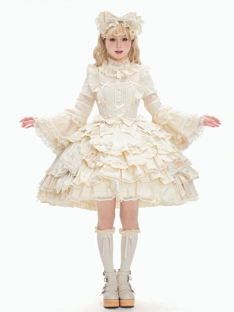 Akzentkleid Beige, mehrlagiger Saum unter Rüschen, süßes Lolita-Kleid mit Schleife an der Brust