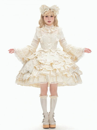 Akzentkleid Beige, mehrlagiger Saum unter Rüschen, süßes Lolita-Kleid mit Schleife an der Brust