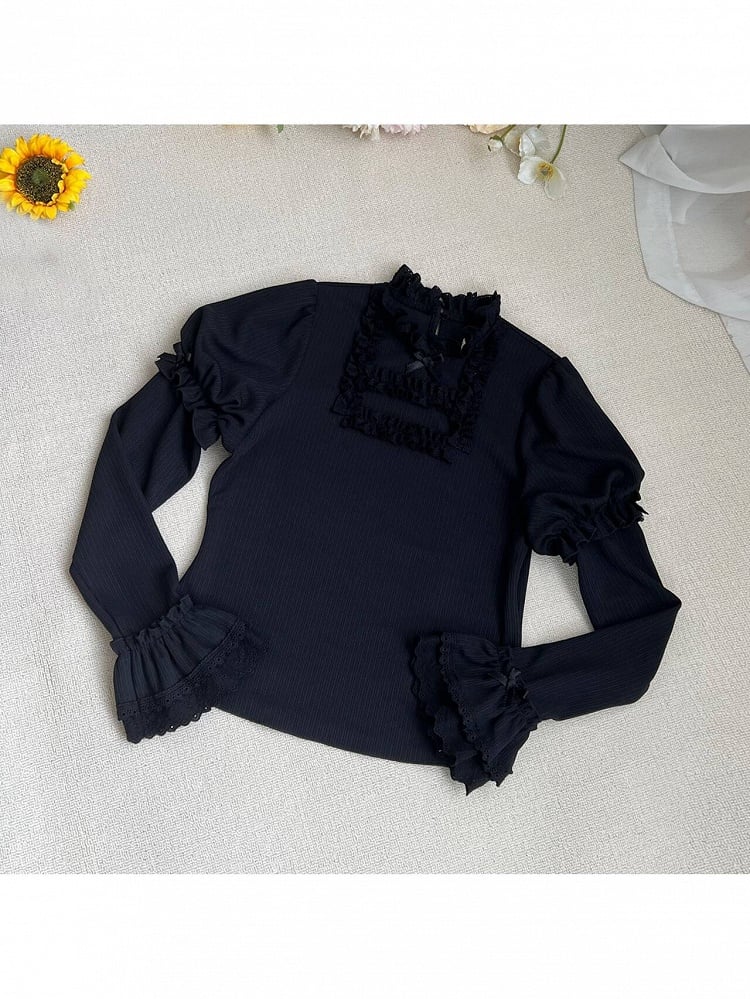 Black Long Sleeve Stand Collar Lolita Knit Top with Lace Trim - With PUJI