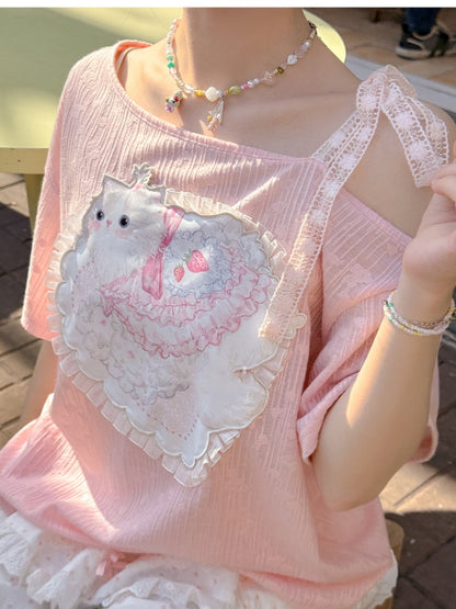 Sweet Cat Applique T-Shirt Pink Asymmetrical Neckline