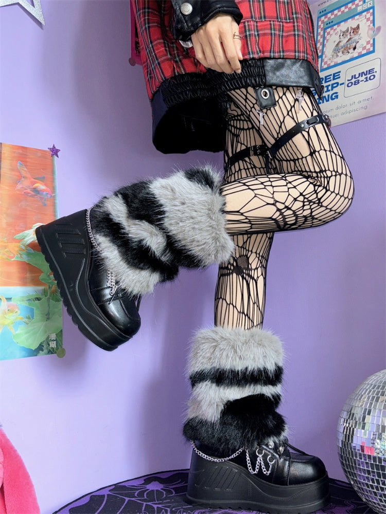 ベージュ/グレー Y2K ゼブラストライプ柄 25cm レッグウォーマー