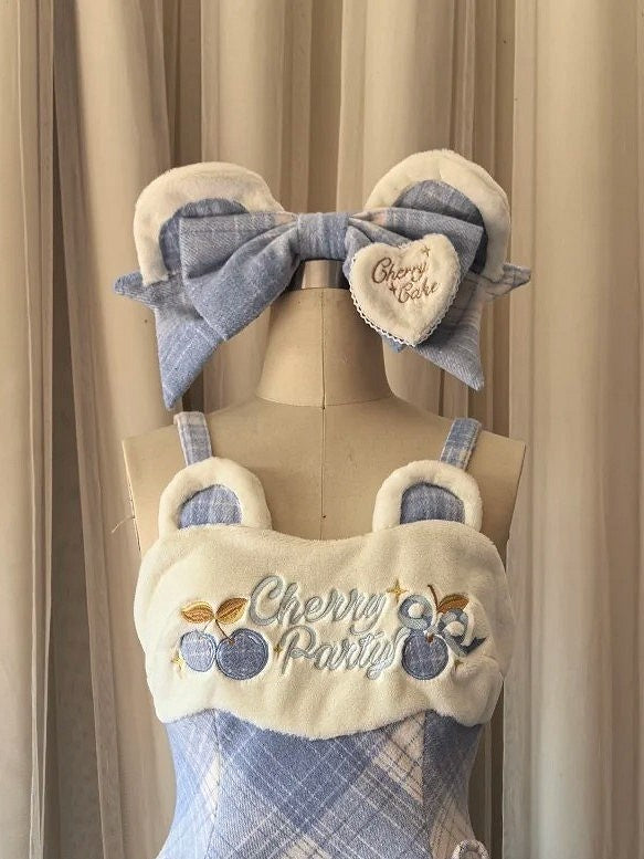 Accent Bear Brown/Blue with Hairclip Plaid Sweet Ear Lolita Heart-Shaped