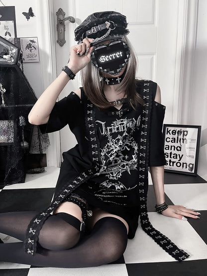 with Sleeve White Lace Straps Shoudler Drop Gothic Cross Short Black Trimmed Print T-shirt