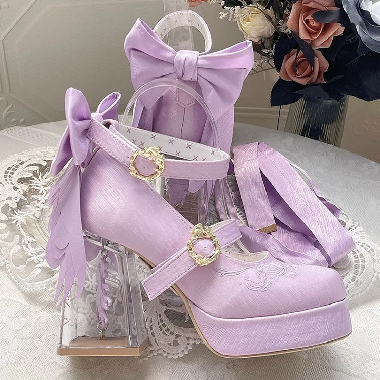 Light Purple Koi Fish Charm High Block Heel Satin Platform Mary Janes with Detachable Bowknot - Floating Dream Realm