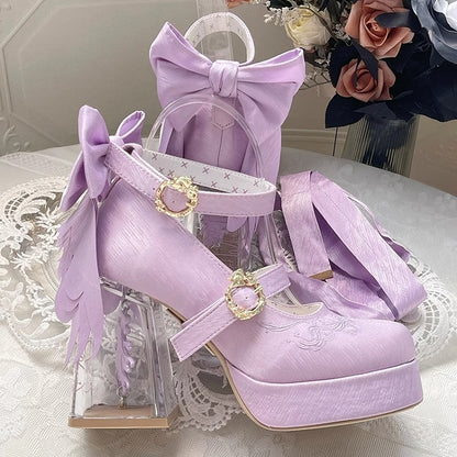 Light Purple Koi Fish Charm High Block Heel Satin Platform Mary Janes with Detachable Bowknot - Floating Dream Realm