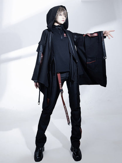 バックルフード付きロリータテックウェア王子ストラップジャケット ブラック