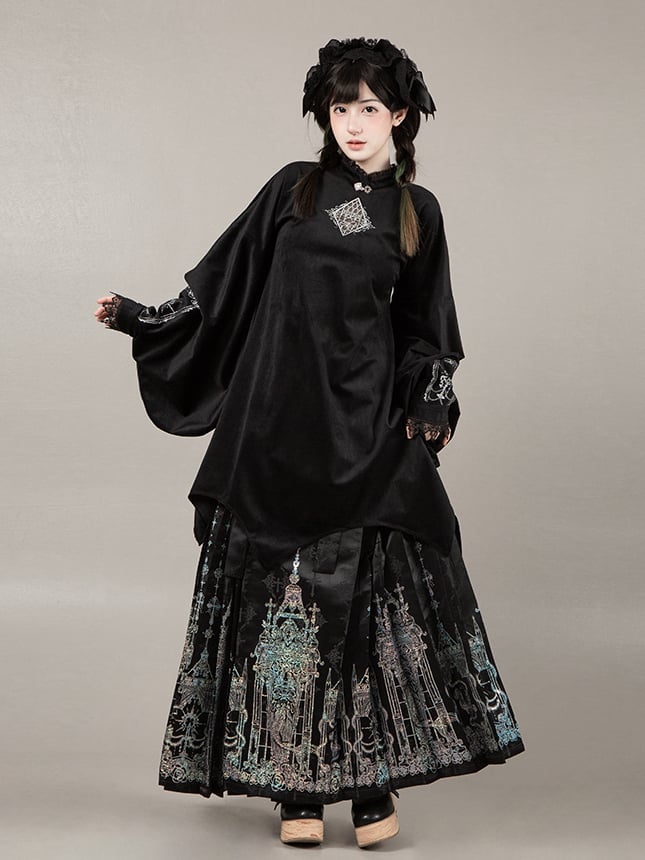 Top Hem Lolita Han Long Curved Silver with Gothic Black Embroidery