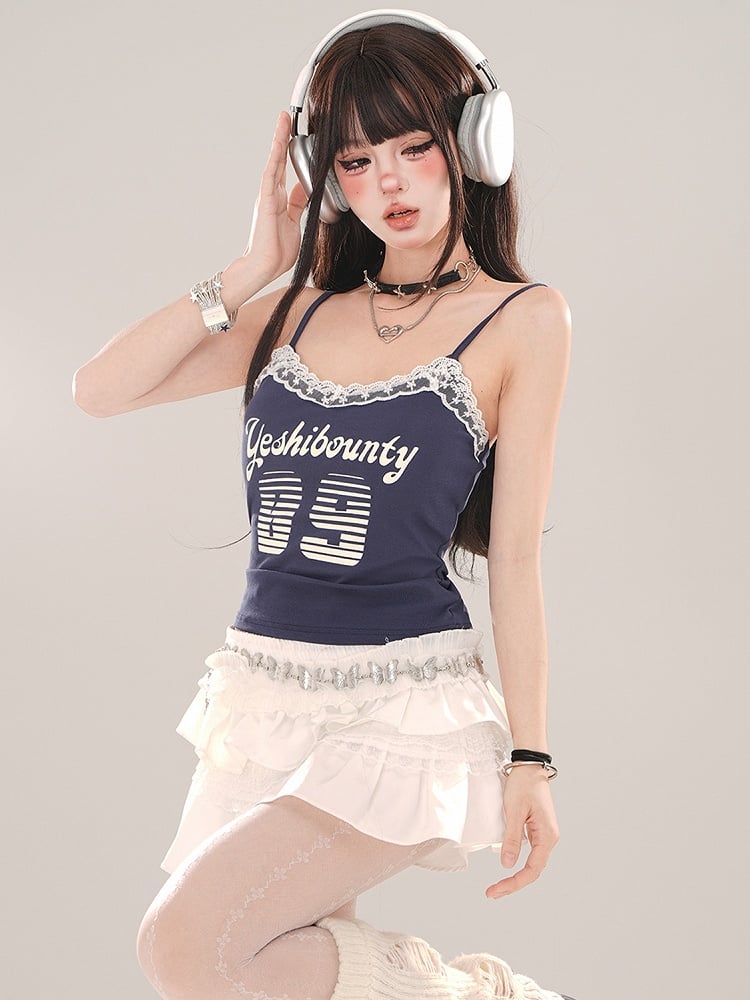 Blue/Apricot Numbers Print Lace Trim Cami Top