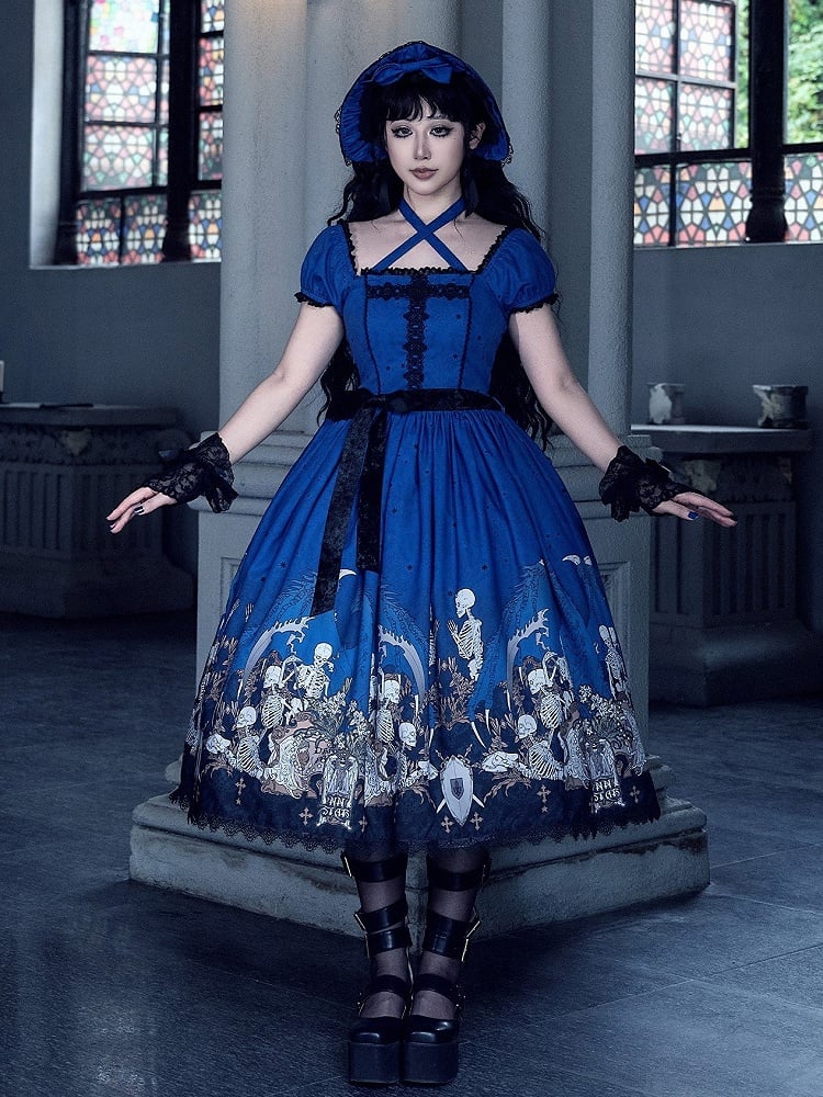 Cross Trim Black Gothic Skeleton Dress and Lace Lolita with Print Blue