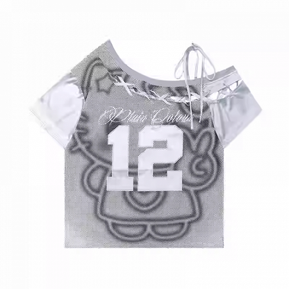Kitty Gray/Pink Asymmetrical Lace-up Neckline Print T-Shirt