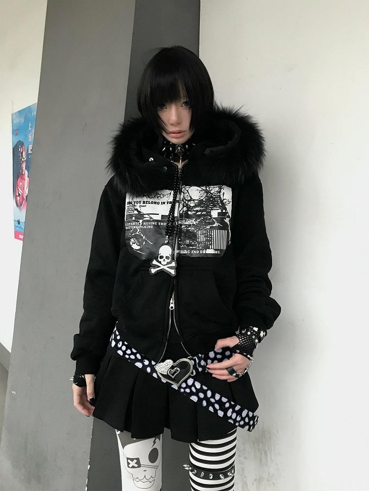 Hoodie Zip-up with Fur Black Print Y2K and Faux Graphic Trim