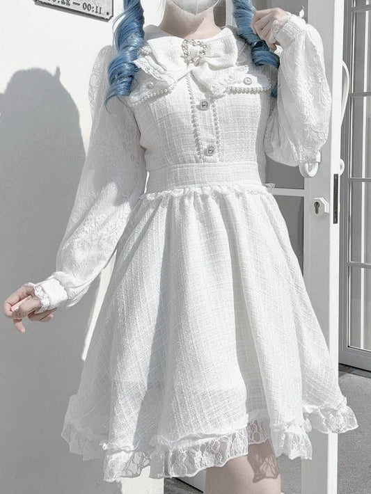 with Long Jirai Dress Kei Tweed Lace Sleeves White