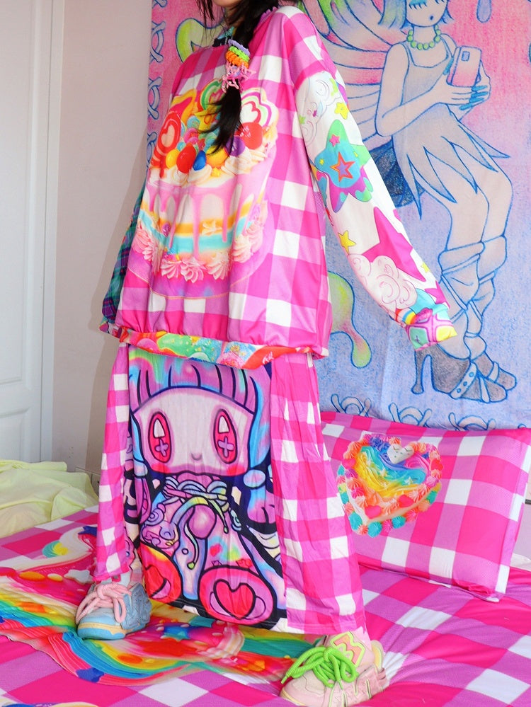 Kariertes Cartoon-Rock-Druckmuster Y2K Rote Rose