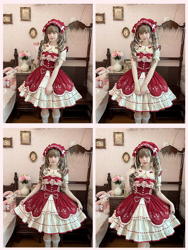 リボン結び ワインレッド ピーターパンカラー スイートベージュ フリル