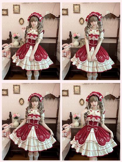 リボン結び ワインレッド ピーターパンカラー スイートベージュ フリル