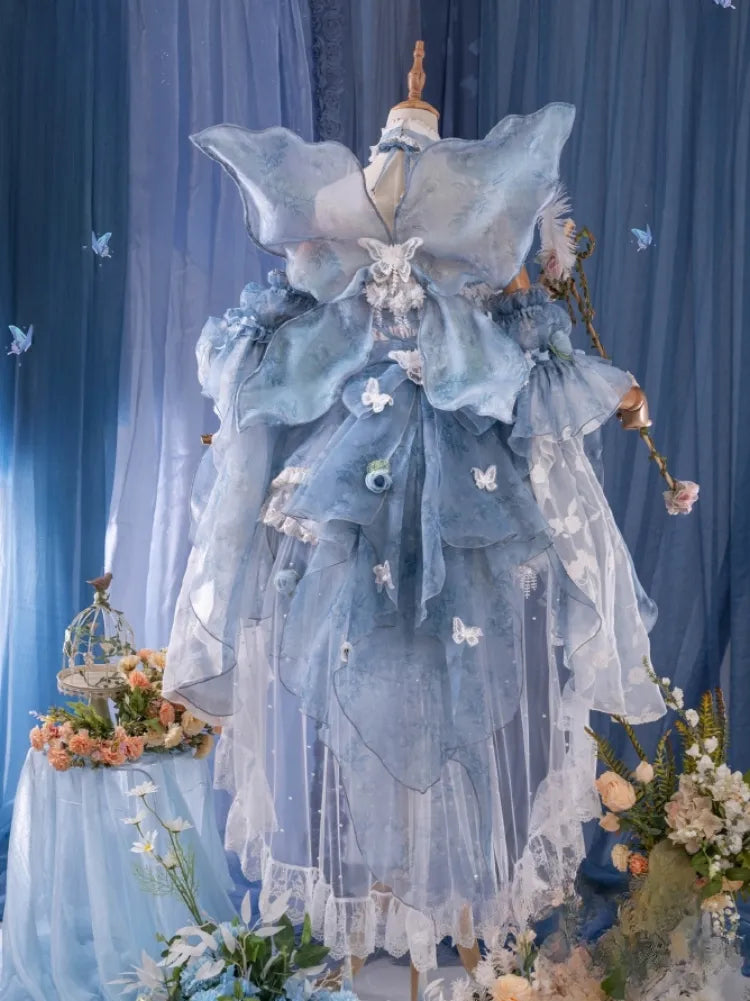 Volles Prinzessinnen-Blumen-Schmetterlings-Set-Design, blaues JSK Fairycore-Lolita-Kleid