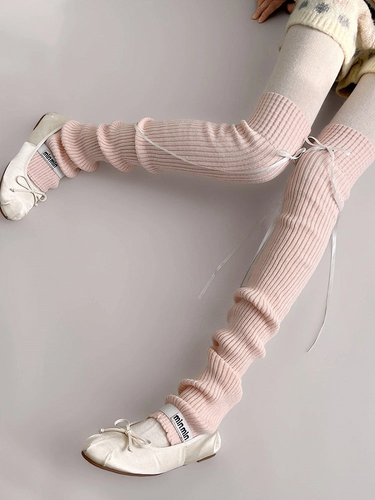 (3 Ribbed Bow Detachable Colors) Leg Warmers