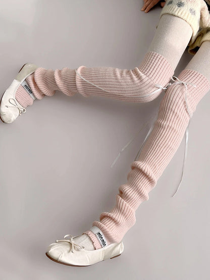 (3 Ribbed Bow Detachable Colors) Leg Warmers