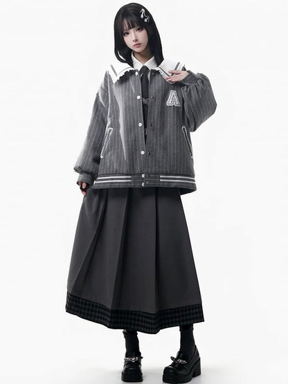 Hem Skirt Set - Belt Patchwork Waist Gray Prppy Elastic Plaid Pleated Style