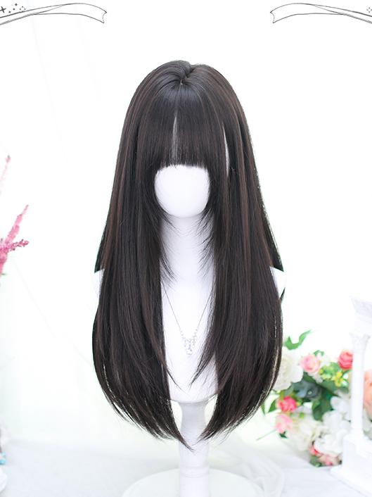 Bust Straight Full Wig Length Black/Brown Bangs Under
