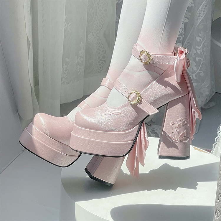 von abnehmbaren Mary High Platform Bowknot Janes Lily Pink Heel the Valley Embroidery Block