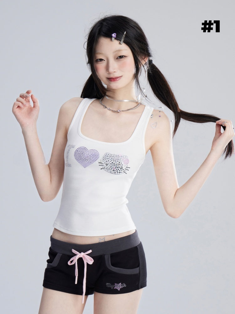 Sweet White Kitty Rhinestones Tank Top/T-Shirt