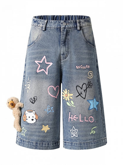 Blue Cropped Denim Jeans with Teddy and Graffiti - Languid Park