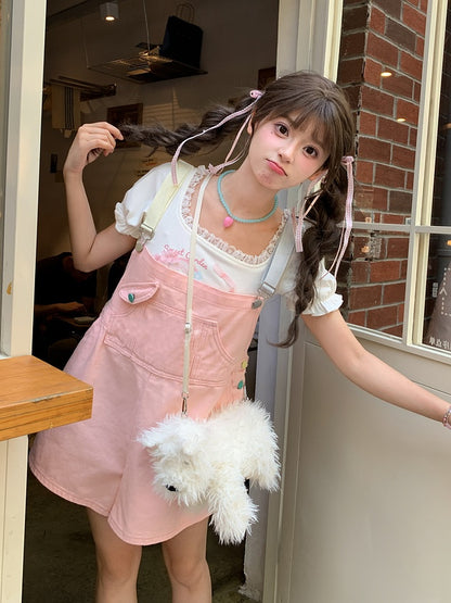 Denim Overall Shorts Grün Candy Farbe Pink/Mint