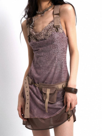 with Back Neck Adjustable Gray PU Belt Layered Dress Cowl Pink Merge-Strap