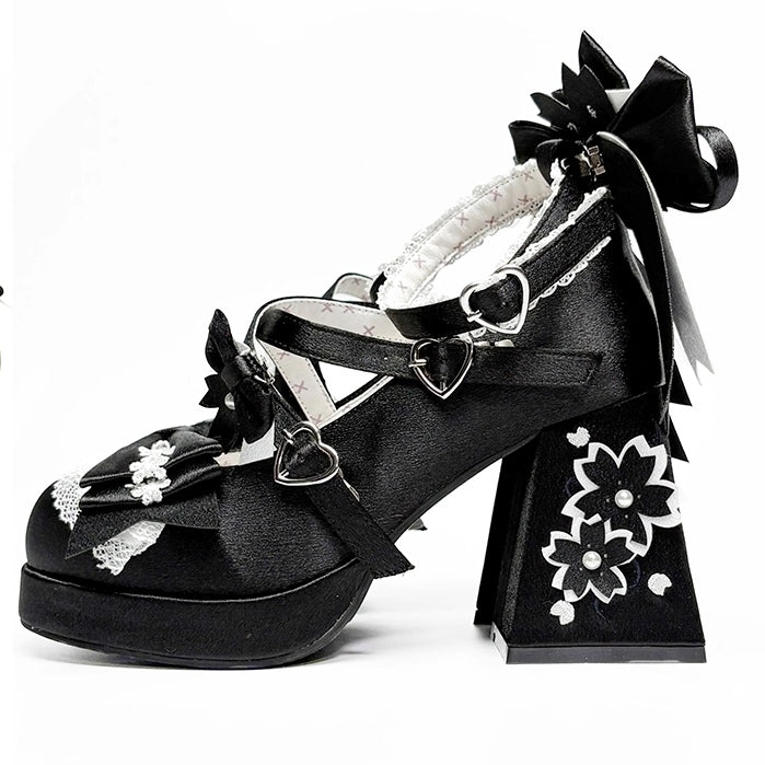 Accents Satin Details Blossom Bow Cherry Lolita Lace Sweet Black - Mary Heel Janes Trim with