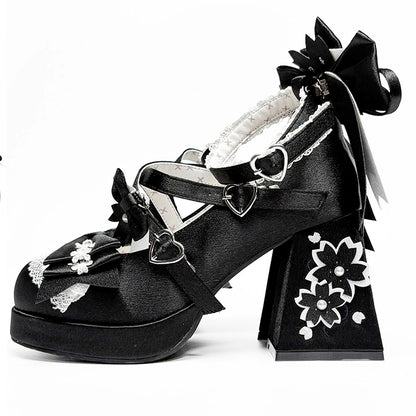 Accents Satin Details Blossom Bow Cherry Lolita Lace Sweet Black - Mary Heel Janes Trim with