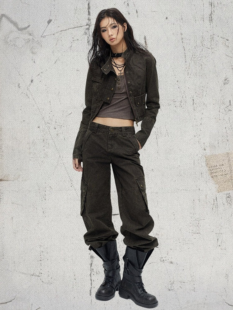 Coffee Straight Leg Cargo Pants with Drawstring Cuffs - Low pixel