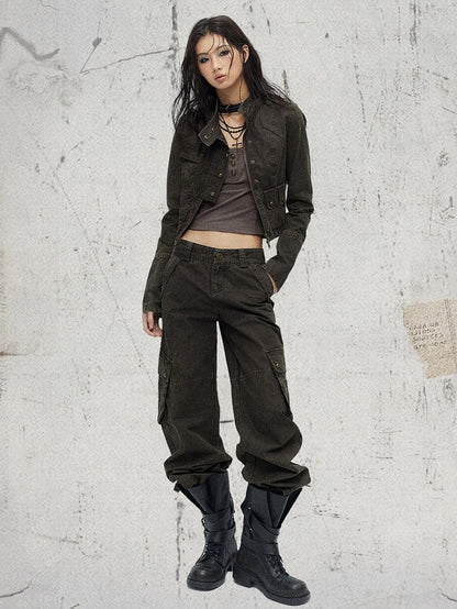 Coffee Straight Leg Cargo Pants with Drawstring Cuffs - Low pixel