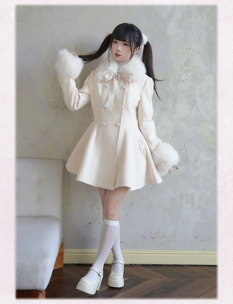 Apricot Coat Jirai Kei Big Bow Breasted with Double Detachable Fluffy Collar and Cuffs Rhinestone