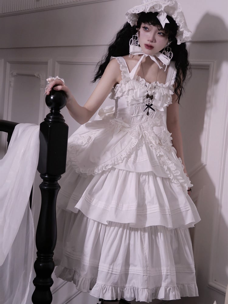 Decoration and Gothic White Heart-shaped Long Dress with Bowknots JSK Lolita Version Ruffled