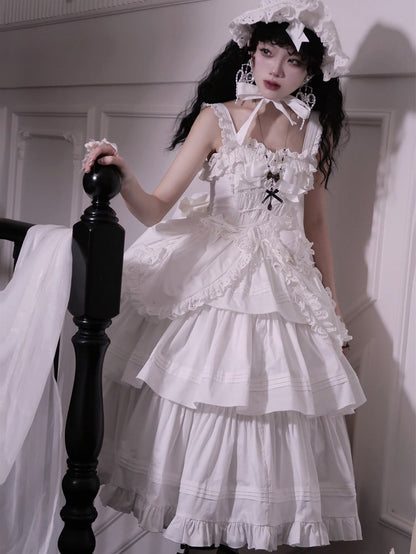 Decoration and Gothic White Heart-shaped Long Dress with Bowknots JSK Lolita Version Ruffled